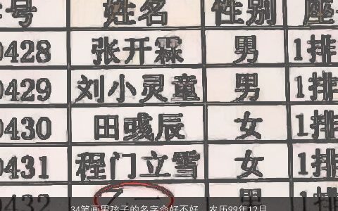 34笔画男孩子的名字命好不好，农历99年12月5日下午1819点出生.男.名字笔划34画算下命