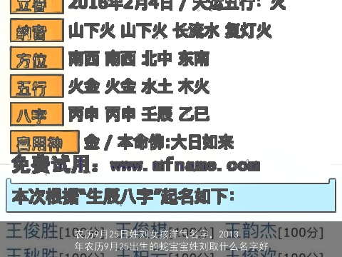 农历9月25日姓刘女孩洋气名字，2013年农历9月25出生的蛇宝宝姓刘取什么名字好