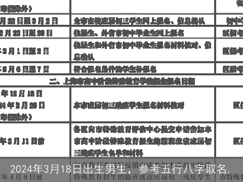 2024年3月18日出生男生，参考五行八字取名,