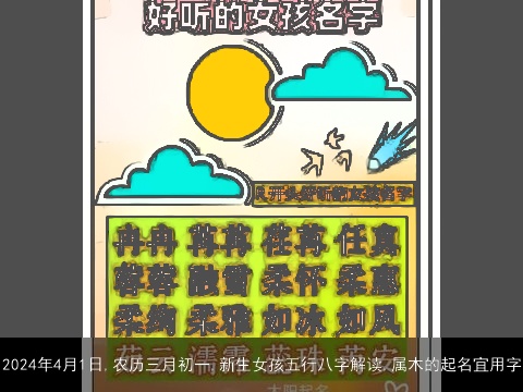 2024年4月1日,农历三月初一,新生女孩五行八字解读,属木的起名宜用字